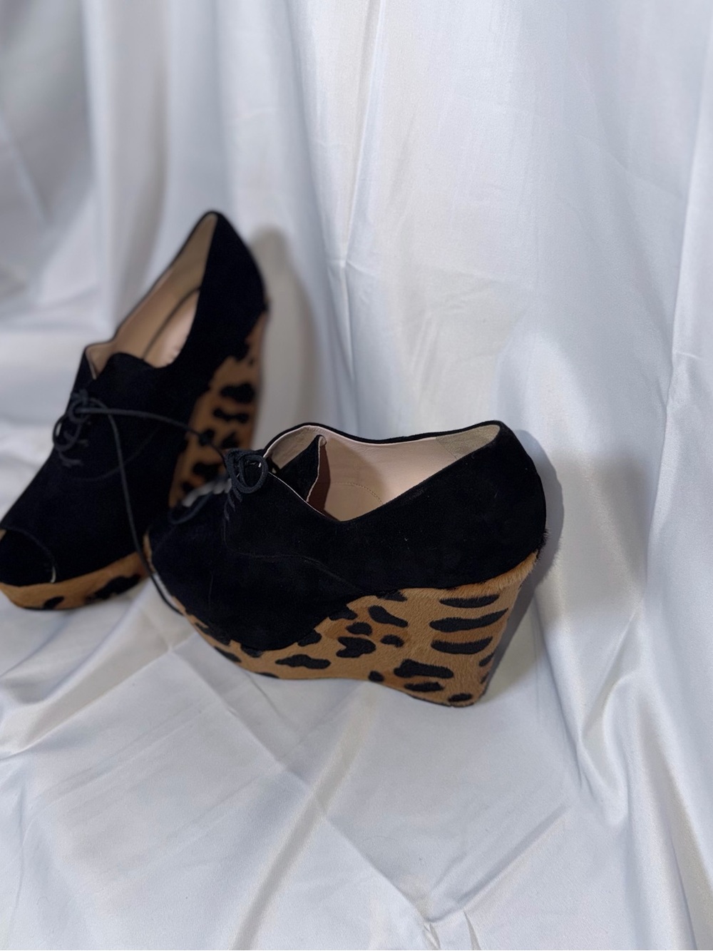 Prada Black Suede Peep-Toe Lace-Up Wedges with Leopard-Print Platform - Picture 2 of 6